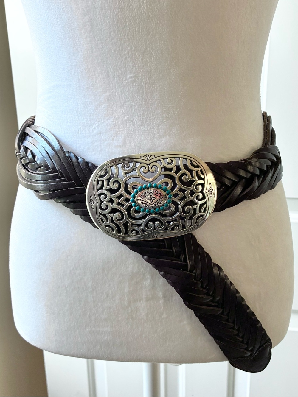 Brighton Western Leather Belt Turquoise Accent Silver-tone Buckle Brown Size S